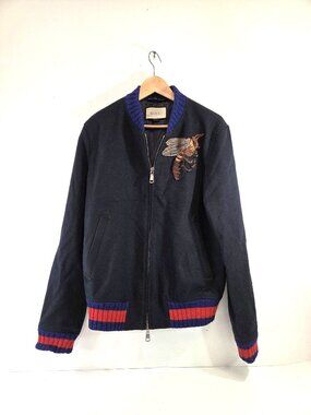 Gucci Navy Blue Embroidered Bee Wool Bomber Jacket Mens Size 50